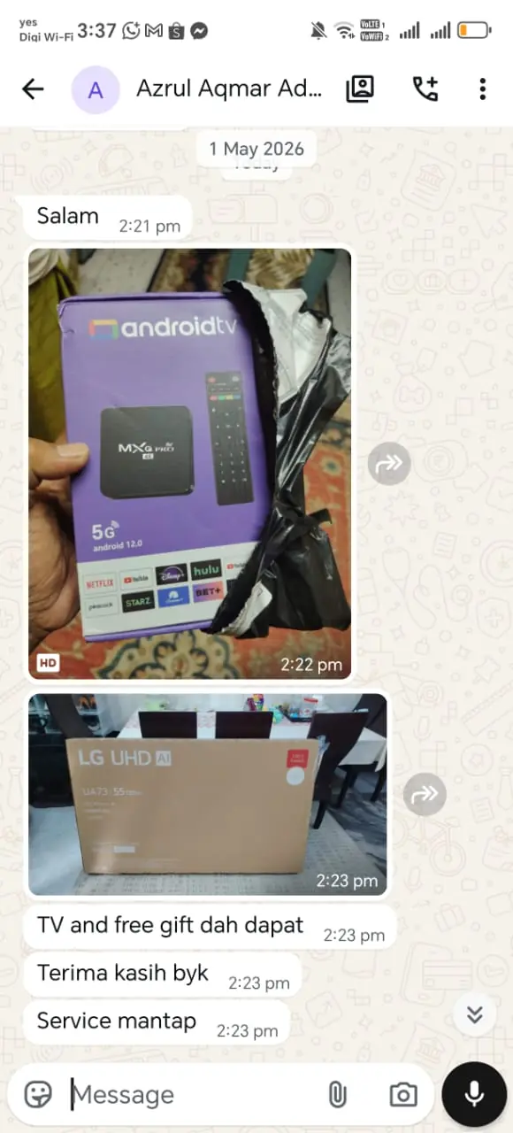 Screenshot mesej Azrul Aqmar: TV & hadiah diterima
