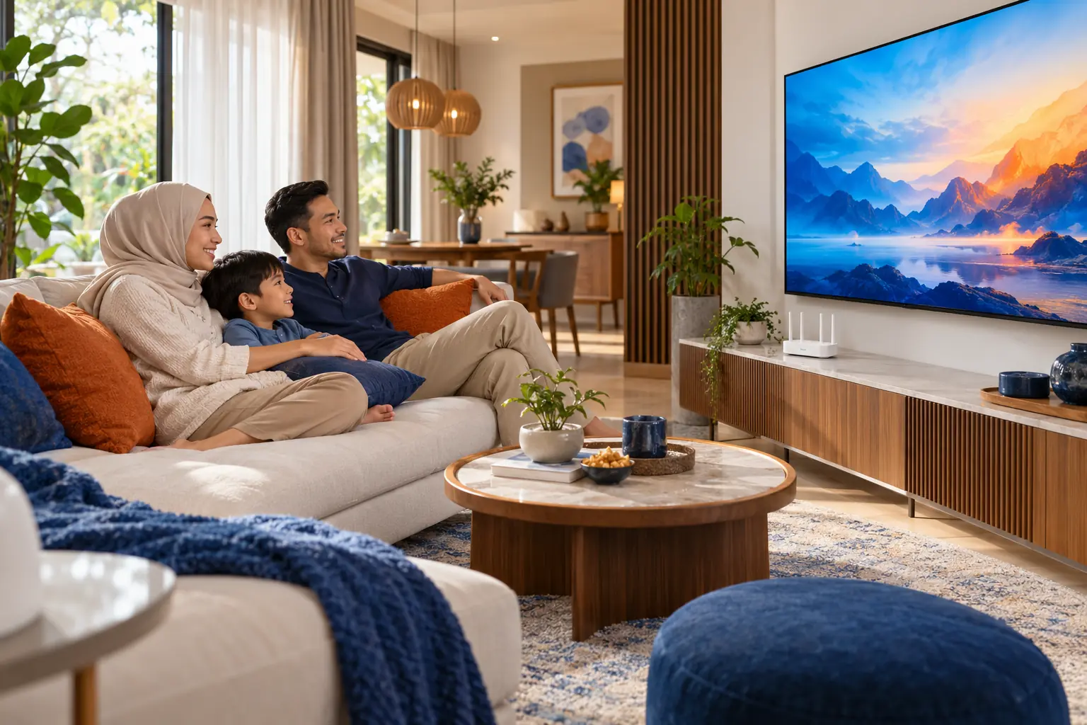 Ilustrasi suasana keluarga menikmati TV dan sambungan internet di rumah